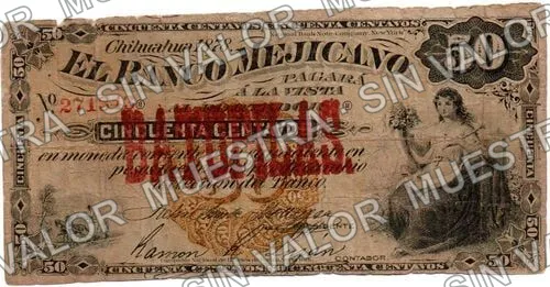 50 centavos, Banco Mejicano (M109), anverso (M109d 50c overprinted 'BATOPILAS')