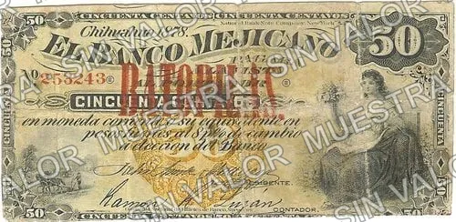 50 centavos, Banco Mejicano (M109), anverso (M109d 50c overprinted 'BATOPILAS')