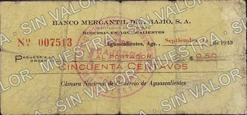 50 centavos, Banco Mercantil del Bajio (M4240), M4240 50c Banco Mercantil del Bajio, anverso
