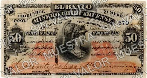 50 centavos, Banco Minero Chihuahuense Series B (M146), anverso (M146b 50c Banco Minero Chihuahuense with Cuellar's signature and bar)