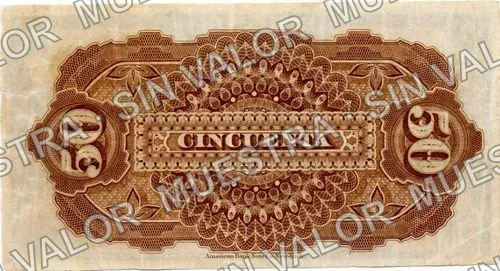 50 centavos, Banco Minero Chihuahuense Series B (M146), reverso (M146b 50c Banco Minero Chihuahuense with Cuellar's signature and bar)