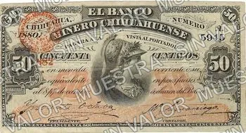 50 centavos, Banco Minero Chihuahuense Series B (M146), anverso (M146c 50c Banco Minero Chihuahuense 1882/1880)