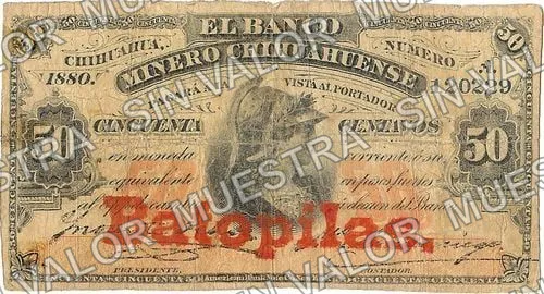 50 centavos, Banco Minero Chihuahuense Series B (M146), anverso (M146d 50c Banco Minero Chihuahuense BATOPILAS)