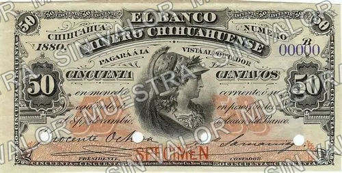 50 centavos, Banco Minero Chihuahuense Series B (M146), anverso (M146s 50c Banco Minero Chihuahuense specimen)