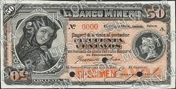 50 centavos, Banco Minero (M129), M129s 50c Banco Minero specimen, anverso
