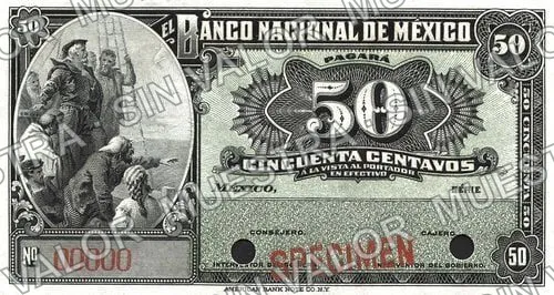 50 centavos, Banco Nacional de México (M295), anverso (M295s 50c Banco Nacional de México specimen)