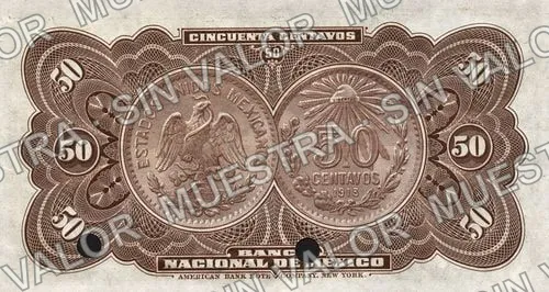 50 centavos, Banco Nacional de México (M295), reverso (M295s 50c Banco Nacional de México specimen)