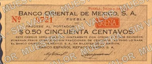 50 centavos, Banco Oriental de México (M3588), anverso