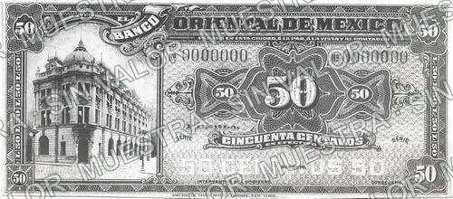 50 centavos, Banco Oriental de México proof (M457), anverso (M457p2 50c Banco Oriental de México proof)