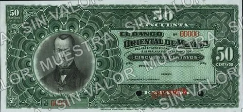 50 centavos, Banco Oriental de México proof (M457), anverso (M457s 50c Banco Oriental de México specimen)