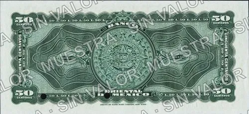 50 centavos, Banco Oriental de México proof (M457), reverso (M457s 50c Banco Oriental de México specimen)
