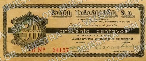 50 centavos, Banco Tabasqueño (M4465), anverso (M4465 50c Banco Tabasqueño)