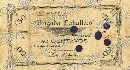 50 centavos, Brigada Caballero (M3894), anverso (M3894c 50c overstamped RETIRADO and perforated)