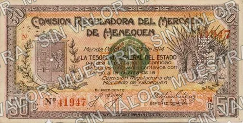 50 centavos, Comisión Reguladora (M4156), M4156b 20c Comisión Reguladora del Mercado de Henequén needle-punched 'CAMPECHE', anverso