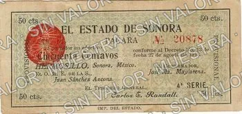 50 centavos, El Estado de Sonora - 1st SeriesPosition A - Hand seal 5 - Small seal (M3814), anverso (M3814d 50c El Estado de Sonora - 4th SeriesPosition A - Hand seal 4 - Large, broken 'C')