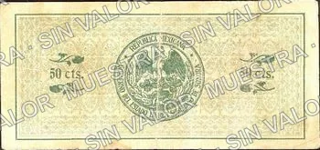 50 centavos, El Estado de Sonora - 1st SeriesPosition A - Hand seal 5 - Small seal (M3814), reverso (M3814d 50c El Estado de Sonora - 4th SeriesPosition A - Hand seal 4 - Large, broken 'C')