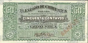 50 centavos, Estado de Chihuahua (M919), M919j 50c Estado de Chihuahua 'SAMPLE', anverso