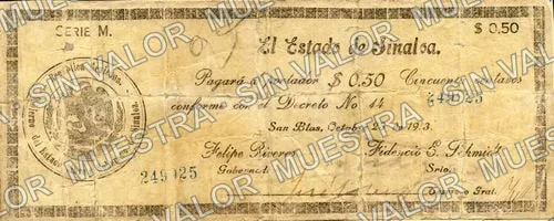 50 centavos, Estado de Sinaloa (M3776), M3776b 50c Estado de Sinaloa, anverso
