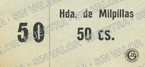 50 centavos, Hacienda de Milpillas Type 1: numeral on counterfoil 15mm high, denomination thick (M2406), M2406 50c Hacienda de Milpillas Type 1: numeral on counterfoil 15mm high, denomination thick, anverso