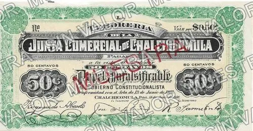 50 centavos, Junta Comercial de Chalchicomula (M3569), anverso (M3569s 50c Junta Comercial de ChalchicomulaO/P MUESTRA)
