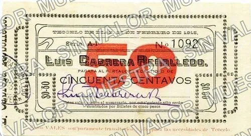 50 centavos, Luis Cabrera Rebolledo Series A (M4091), M4091 50c Luis Cabrera Rebolledo Series A, anverso