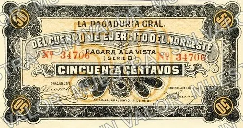 50 centavos, Pagaduría Gral. del Cuerpo de Ejército del Noroeste (M2267), M2267a 50c Pagaduría Gral. del Cuerpo de Ejército del Noroeste, anverso