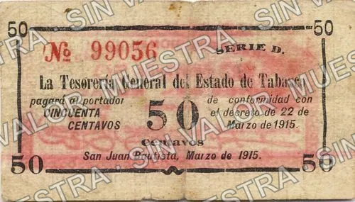 50 centavos, Tesorería General, Series A (M3883), anverso (M3883 50c Tesorería General, Series D)