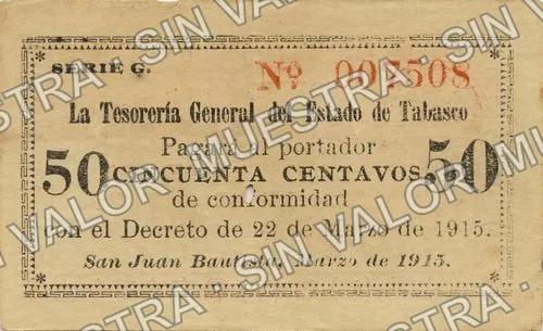 50 centavos, Tesorería General, Series G (M3884), anverso (M3884 50c Tesorería General, Series G)