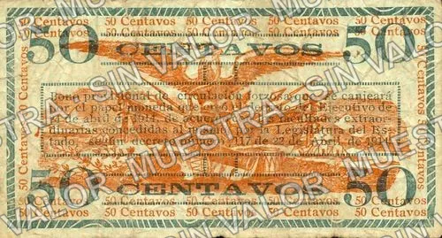 50 centavos, Tesorería Gral. del Estado (M1196), M1196 50c Tesorería Gral. del Estado, reverso