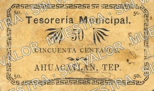 50 centavos, Tesorería Municipal, Ahuacatlán (M3269), M3269 50c Tesorería Municipal, Ahuacatlán, anverso