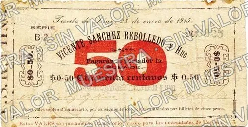 50 centavos, Vicente Sánchez Rebolledo y Hno (M4088), anverso (M4088a 50c Vicente Sánchez Rebolledo y Hno Series B-2)