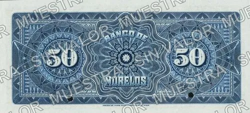 50 pesos, b $50 stamped 'ACAPULCO' (M420), reverso (M420s $50 Banco de Morelos specimen)