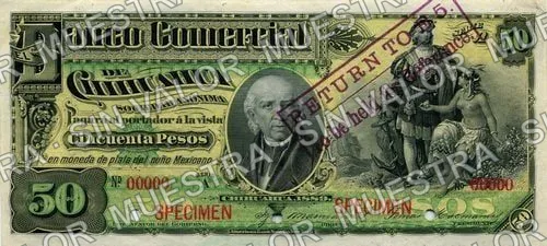 50 pesos, Banco Comercial de Chihuahua (M86), anverso (M86s $50 Banco Comercial de Chihuahua specimen)