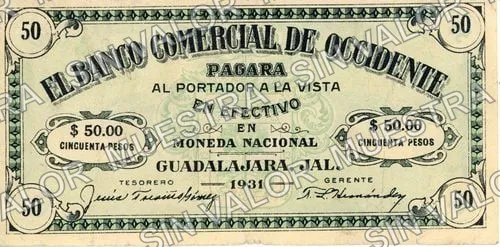 50 pesos, Banco Comercial de Occidente (M4310), anverso
