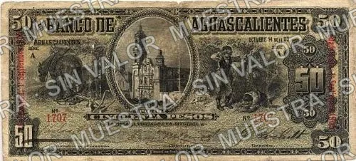 50 pesos, Banco de Aguascalientes (M54), anverso (M54c $50 overprinted 'Guadalajara, 1o Septiembre 1905')
