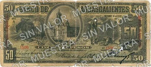 50 pesos, Banco de Aguascalientes (M54), anverso (M54c $50 overprinted 'Guadalajara, 15 Agosto 1904')
