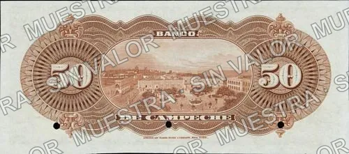 50 pesos, Banco de Campeche (M62), M62p $50 Banco de Campeche specimen, reverso