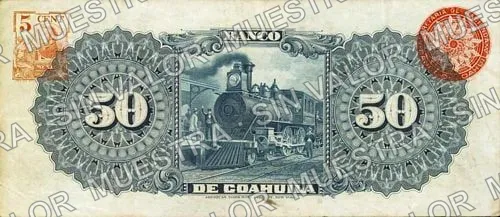 50 pesos, Banco de Coahuila (M170), M170b $50 Banco de Coahuila, reverso