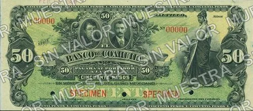 50 pesos, Banco de Coahuila (M170), M170s $50 Banco de Coahuila specimen, anverso