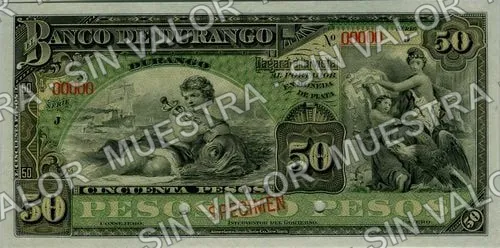 50 pesos, Banco de Durango (M336), anverso (M336s $50 Banco de Durango specimen)