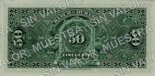 50 pesos, Banco de Durango (M336), reverso (M336s $50 Banco de Durango specimen)