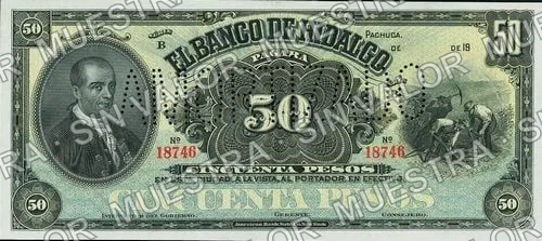 50 pesos, Banco de Hidalgo (M372), anverso (M372r $50 needlepunched 'AMORTIZADO')