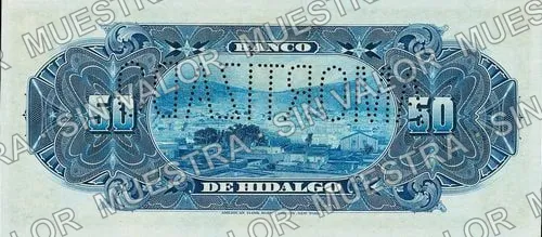 50 pesos, Banco de Hidalgo (M372), reverso (M372r $50 needlepunched 'AMORTIZADO')