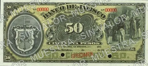 50 pesos, Banco de Jalisco (M389), M389s $50 Banco de Jalisco specimen, anverso