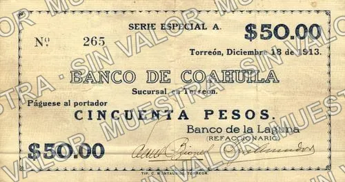 50 pesos, Banco de la Laguna (M1008), M1008a $50 Banco de la Laguna, anverso