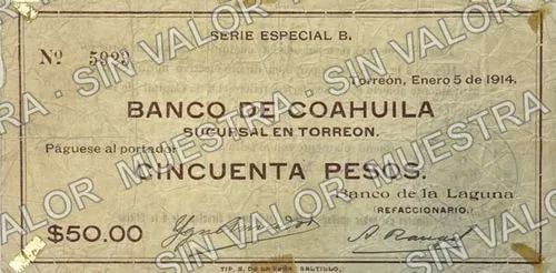 50 pesos, Banco de la Laguna (M1015), anverso