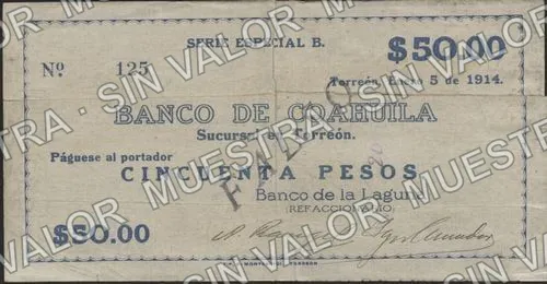 50 pesos, Banco de la Laguna (M1015), anverso (M1015b $50 Banco de la Laguna overprinted 'FALSO')