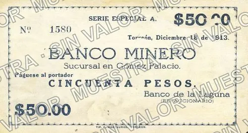 50 pesos, Banco de la Laguna (M1055), anverso