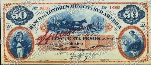 50 pesos, Banco de Londres, México y Sud América (M253), M253s $50 Banco de Londres, México y Sud América specimen, anverso