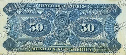 50 pesos, Banco de Londres, México y Sud América (M253), M253s $50 Banco de Londres, México y Sud América specimen, reverso